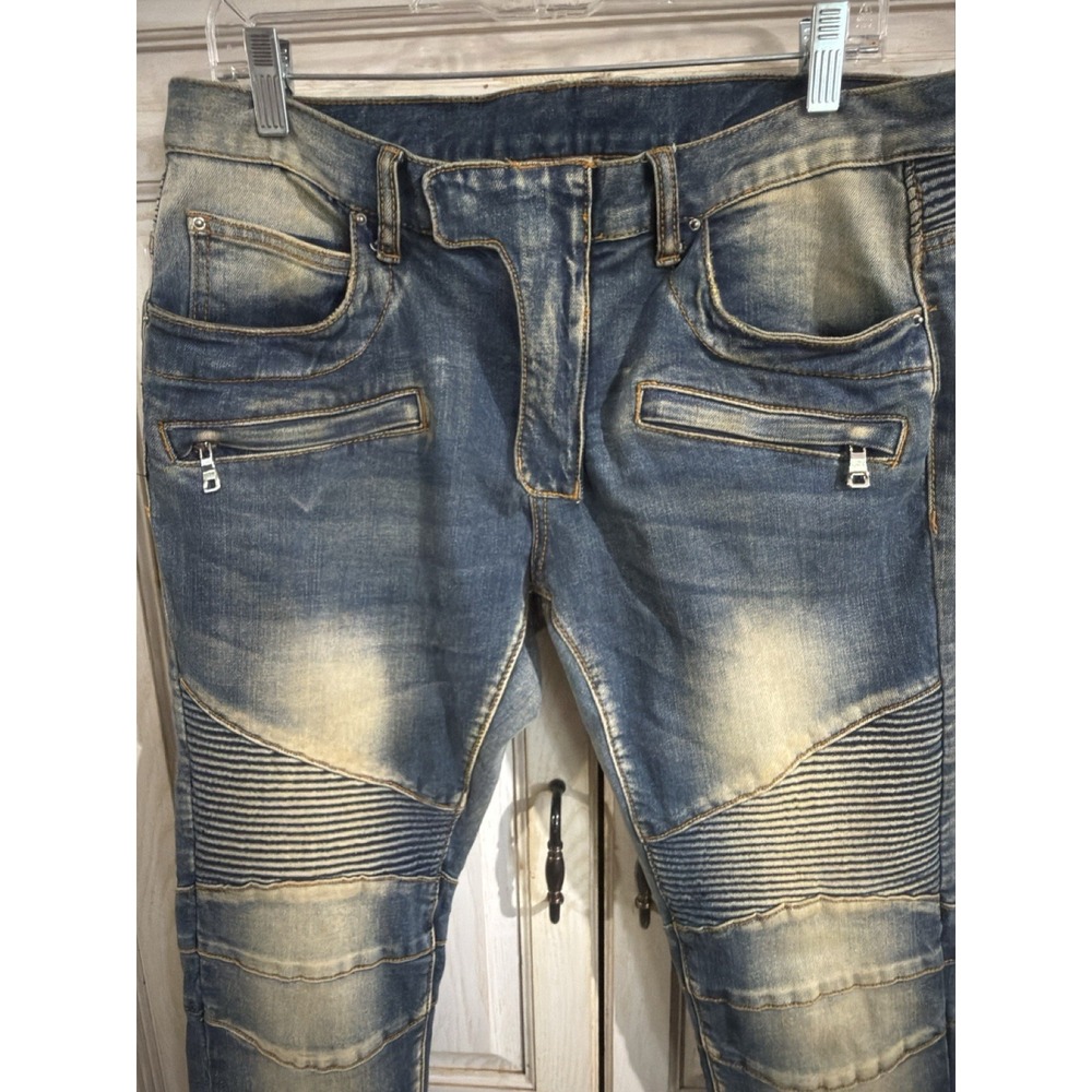 MNML Moto 32x34 Biker Jeans Blue Denim Zipper Ankle Detail Distressed Wash